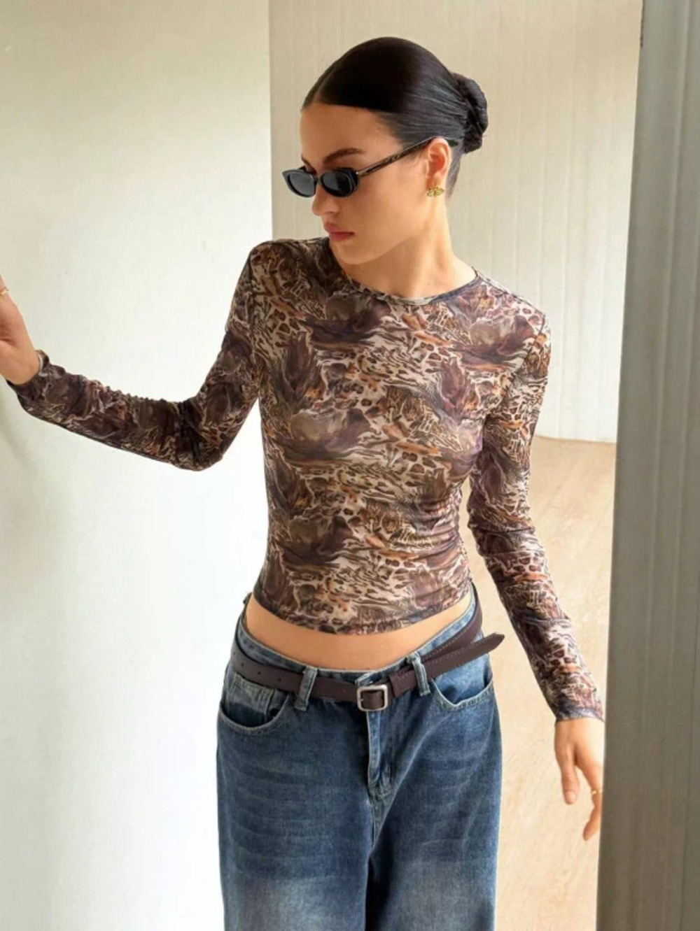 Womens Sexy Sheer Leopard Print Slim Fit Long Sleeve Top